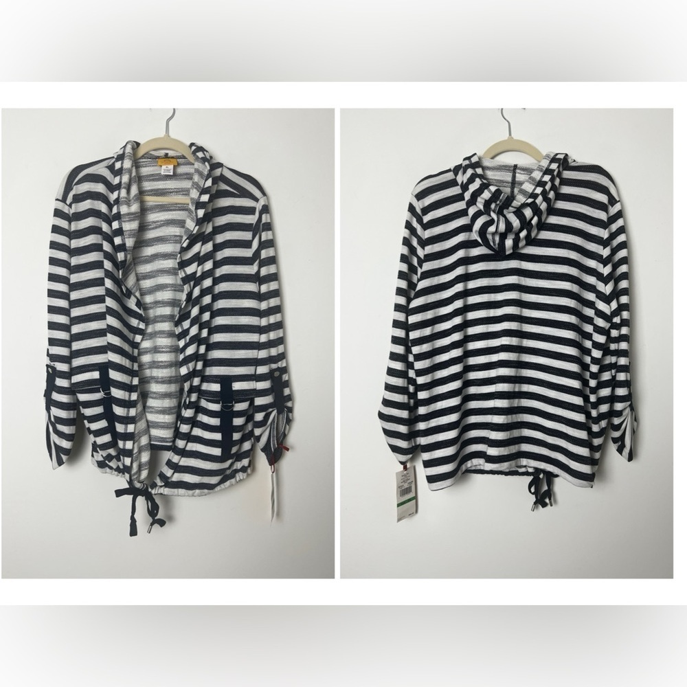 NEW Ruby Rd. Petite White & Navy‎ Nautical Stripe Hooded Open Coverup  Cardigan